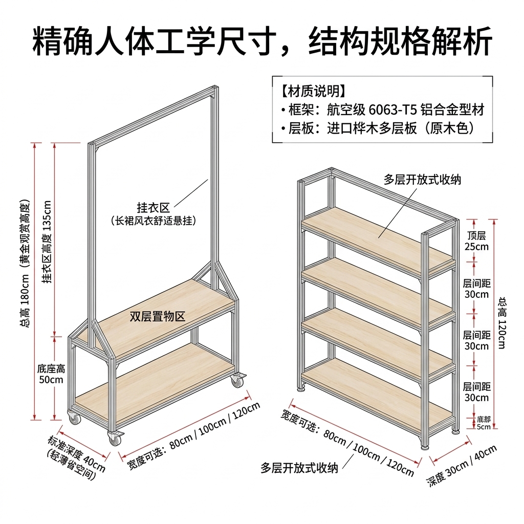 温柔风铝型材海洋板服装展示架落地式多层收纳架商场服装店衣帽架 - 产品图片