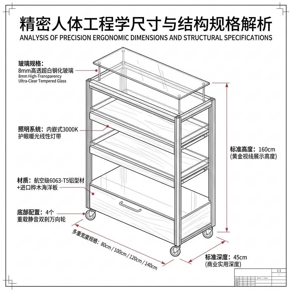 可移动玻璃展示柜多层储物柜海洋板铝型材陈列柜木质展柜可定制 - 产品图片