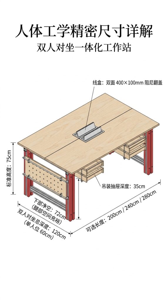 包豪斯风铝合金办公桌2人一体式储物抽屉穿线孔简约电脑桌 - 产品图片
