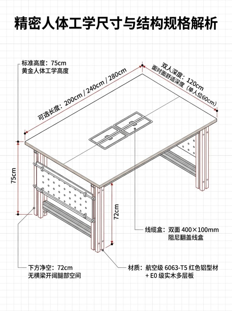 包豪斯风铝合金办公桌2人一体式储物抽屉穿线孔简约电脑桌 - 产品图片