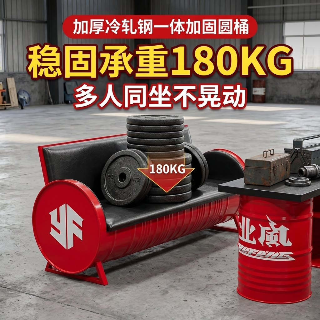 工业风卡座沙发凳酒吧咖啡厅奶茶店清吧定制铁艺创意油桶桌椅组合 - 产品图片