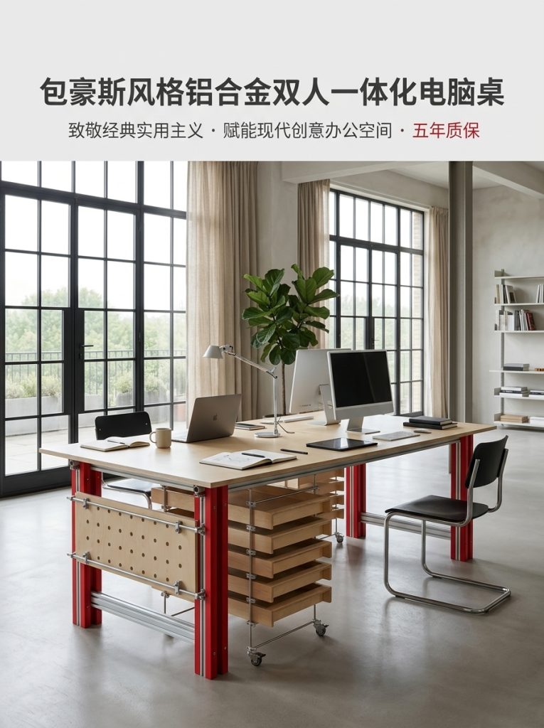 包豪斯风铝合金办公桌2人一体式储物抽屉穿线孔简约电脑桌 - 产品图片