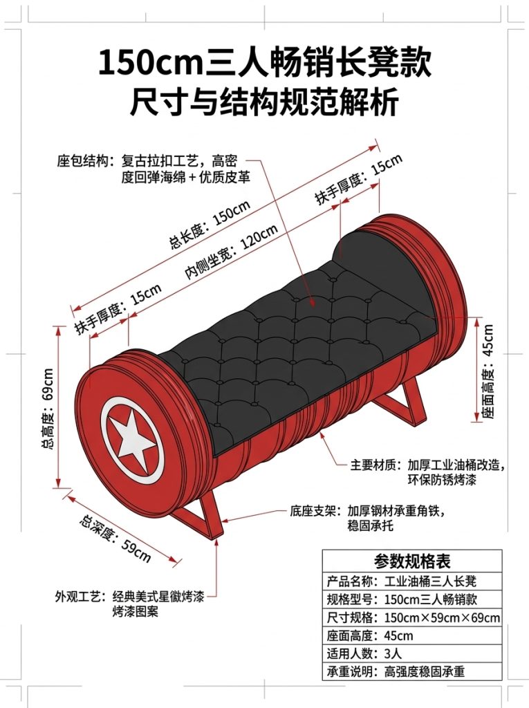 工业风长凳卡座复古美式酒吧ktv沙发油桶服装店试鞋凳创意长条椅 - 产品图片