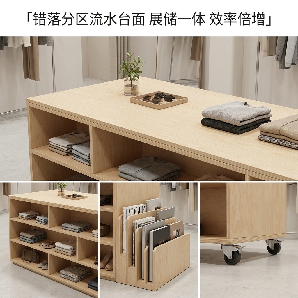 桦木海洋板中岛流水台商品收纳柜多层板陈列台可移动商用展示台 - 产品图片