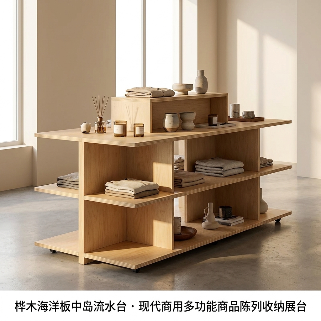 桦木海洋板中岛流水台商品收纳柜多层板陈列台可移动商用展示台 - 产品图片