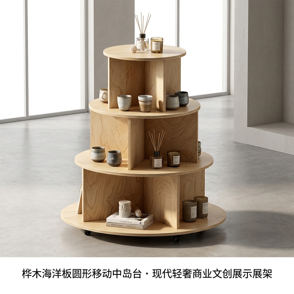 桦木海洋板圆形中岛台多层木质置物架带轮子可移动摆台文创展示台 - 产品图片
