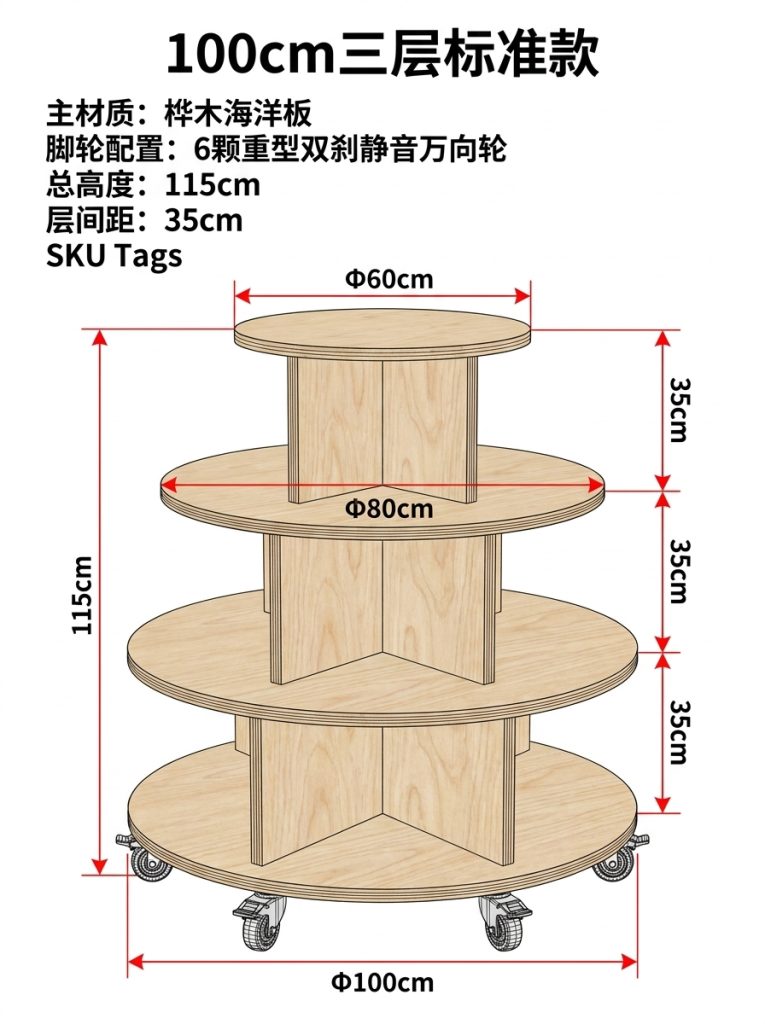 桦木海洋板圆形中岛台多层木质置物架带轮子可移动摆台文创展示台 - 产品图片
