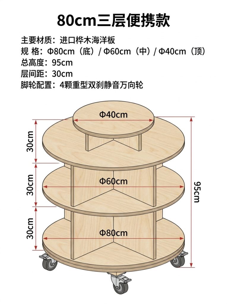 桦木海洋板圆形中岛台多层木质置物架带轮子可移动摆台文创展示台 - 产品图片