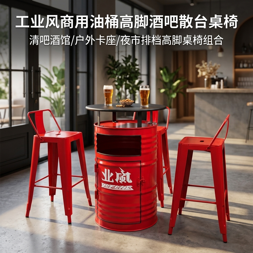 工业风油桶酒吧散台卡座桌椅创意户外休息区商用铁艺高脚桌椅组合 - 产品图片