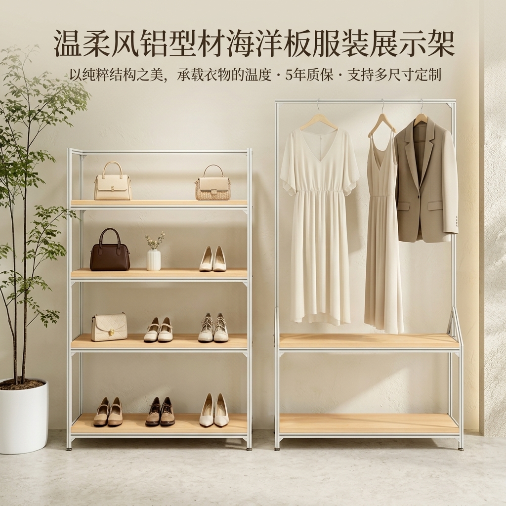 温柔风铝型材海洋板服装展示架落地式多层收纳架商场服装店衣帽架 - 产品图片