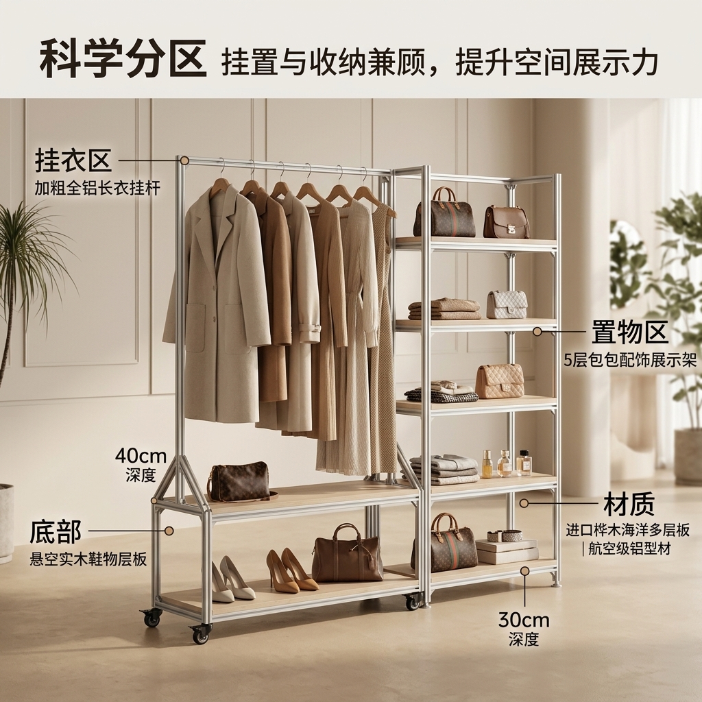 温柔风铝型材海洋板服装展示架落地式多层收纳架商场服装店衣帽架 - 产品图片