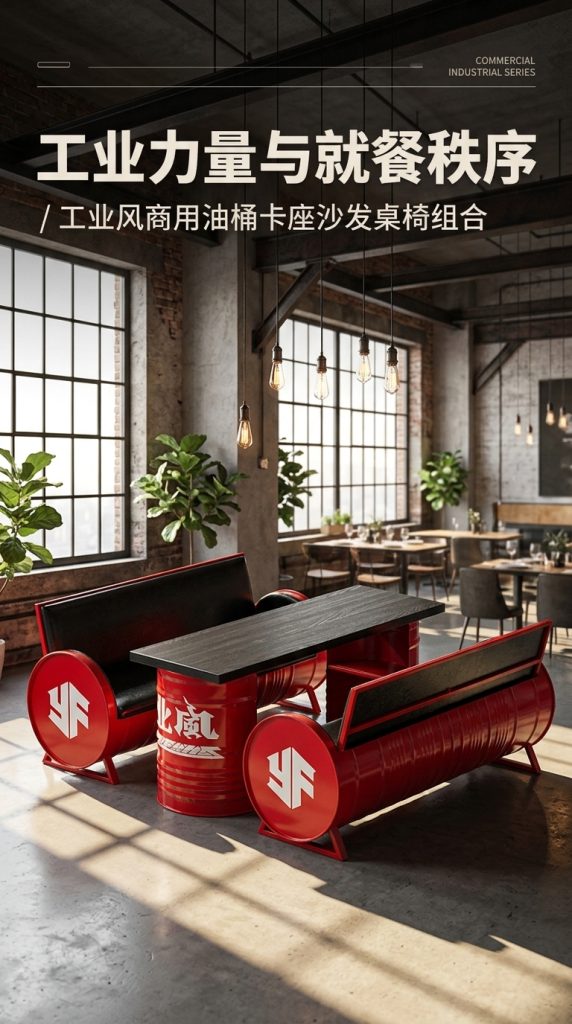 工业风卡座沙发凳酒吧咖啡厅奶茶店清吧定制铁艺创意油桶桌椅组合 - 产品图片