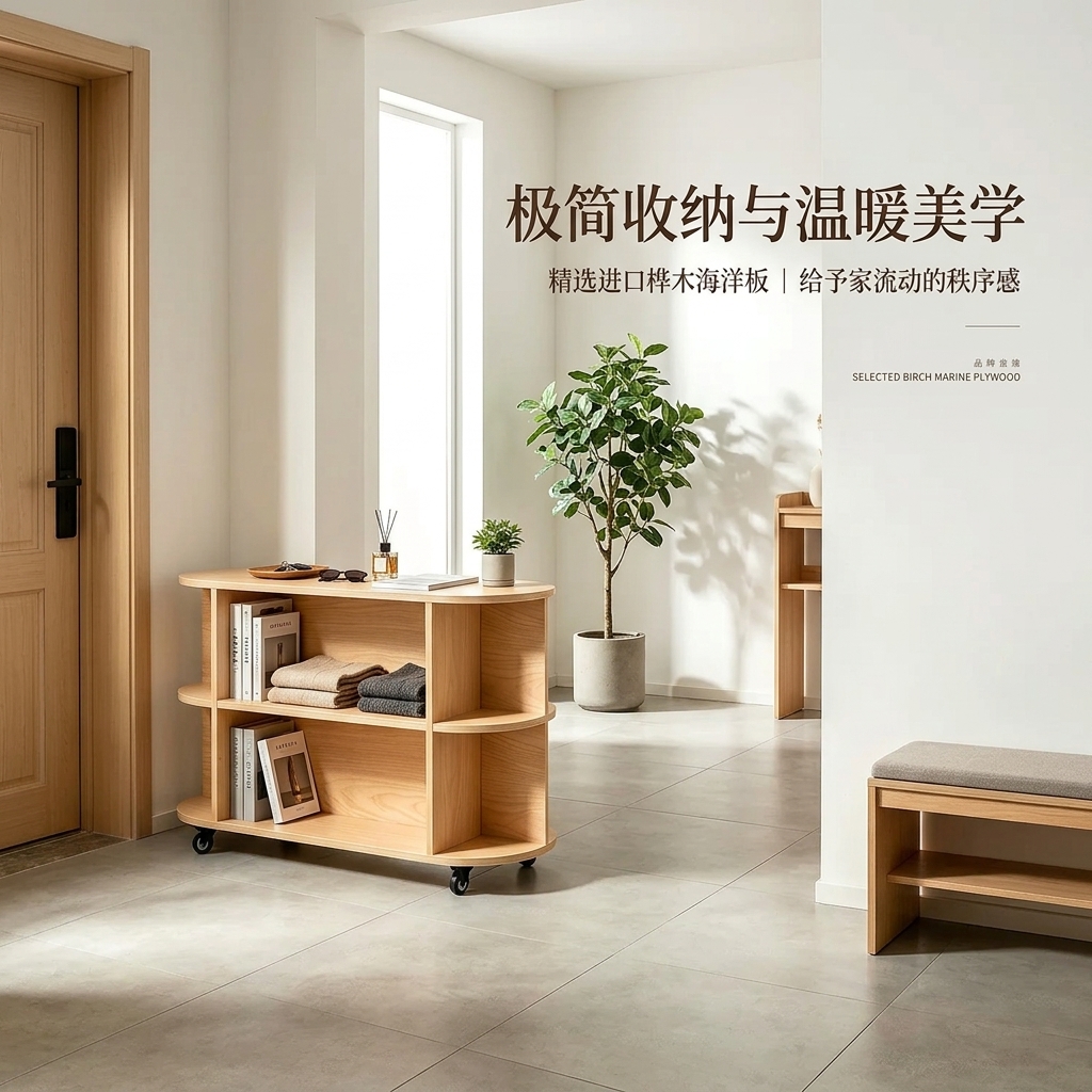 海洋板入户玄关柜可移动多层收纳架简约木质储物柜客厅咖啡柜边柜 - 产品图片