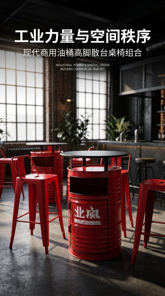 工业风油桶酒吧散台卡座桌椅创意户外休息区商用铁艺高脚桌椅组合 - 产品图片