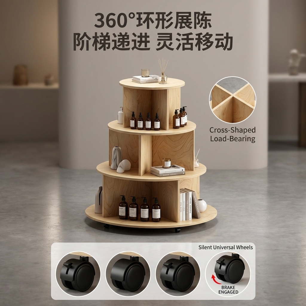 桦木海洋板圆形中岛台多层木质置物架带轮子可移动摆台文创展示台 - 产品图片