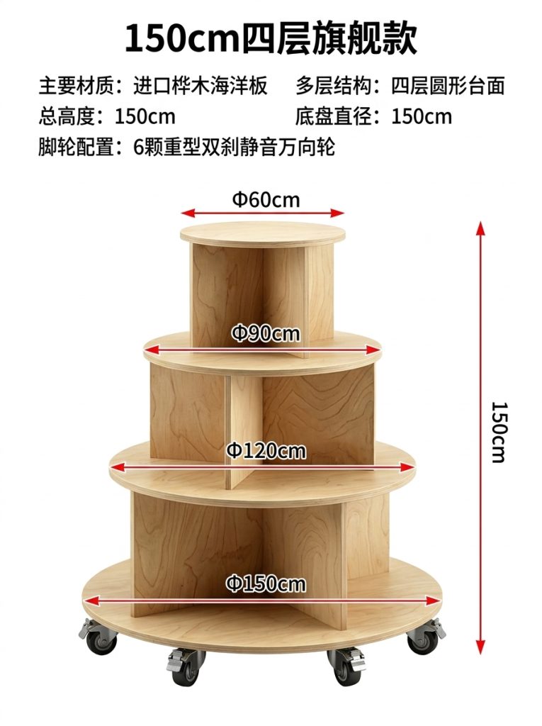 桦木海洋板圆形中岛台多层木质置物架带轮子可移动摆台文创展示台 - 产品图片