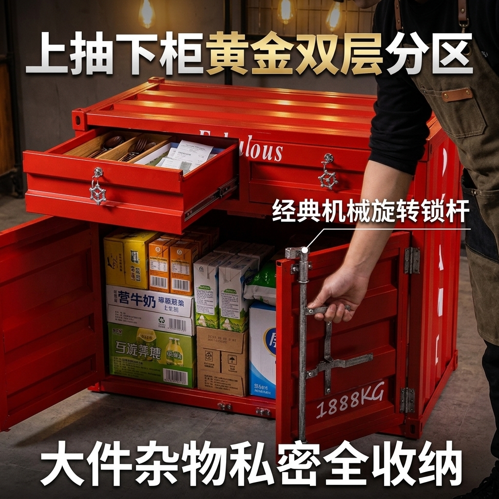 工业风复古餐柜创意文件柜集装箱设计做旧铁柜子玄关储物柜收纳柜 - 产品图片