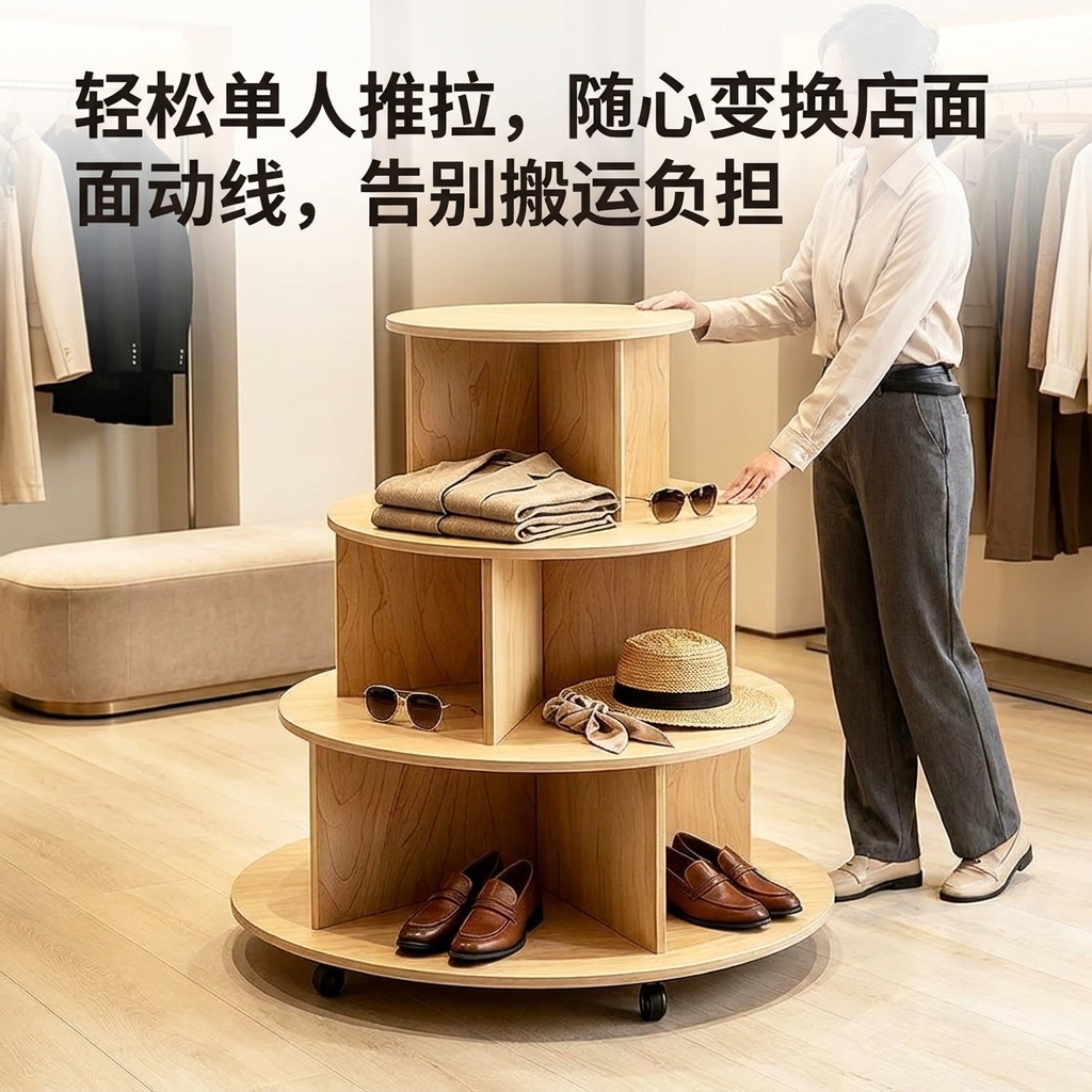 桦木海洋板圆形中岛台多层木质置物架带轮子可移动摆台文创展示台 - 产品图片