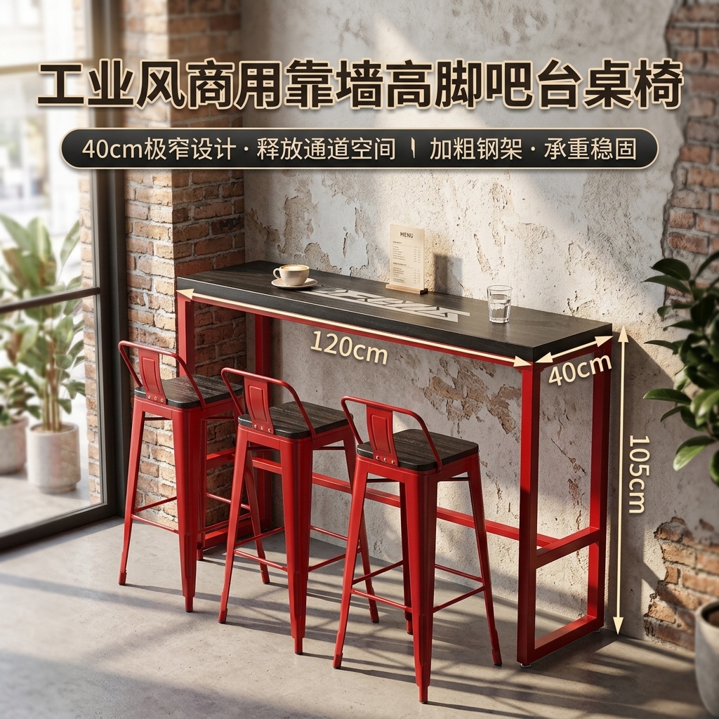 工业风吧台桌酒吧清吧酒馆奶茶店桌椅组合靠墙创意铁艺长条高脚桌 - 产品图片