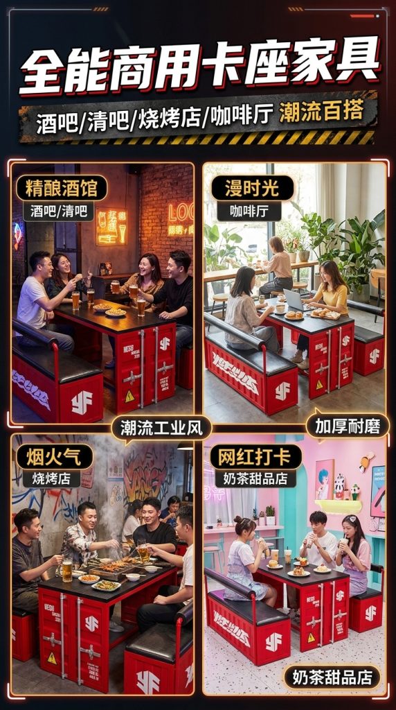工业风酒吧清吧桌椅组合咖啡厅烧烤店商用创意集装箱铁艺卡座沙发 - 产品图片