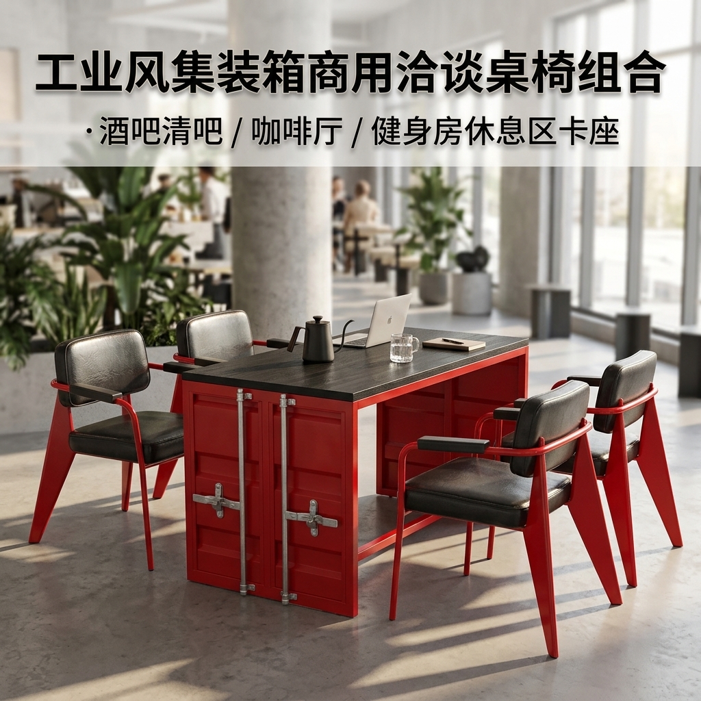 工业风卡座沙发酒吧清吧餐厅咖啡厅健身房休息区铁艺洽谈桌椅组合 - 产品图片