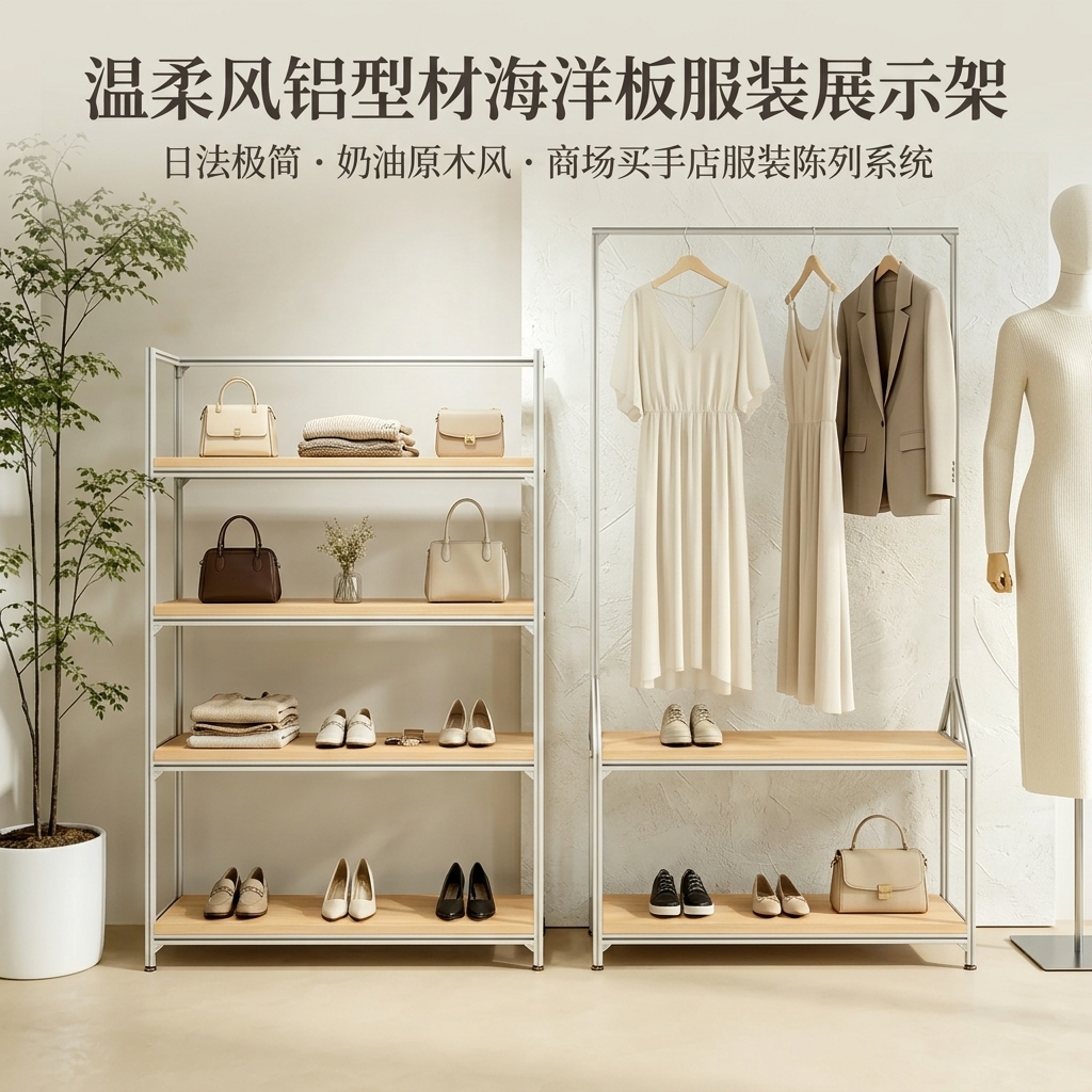 温柔风铝型材海洋板服装展示架落地式多层收纳架商场服装店衣帽架 - 产品图片