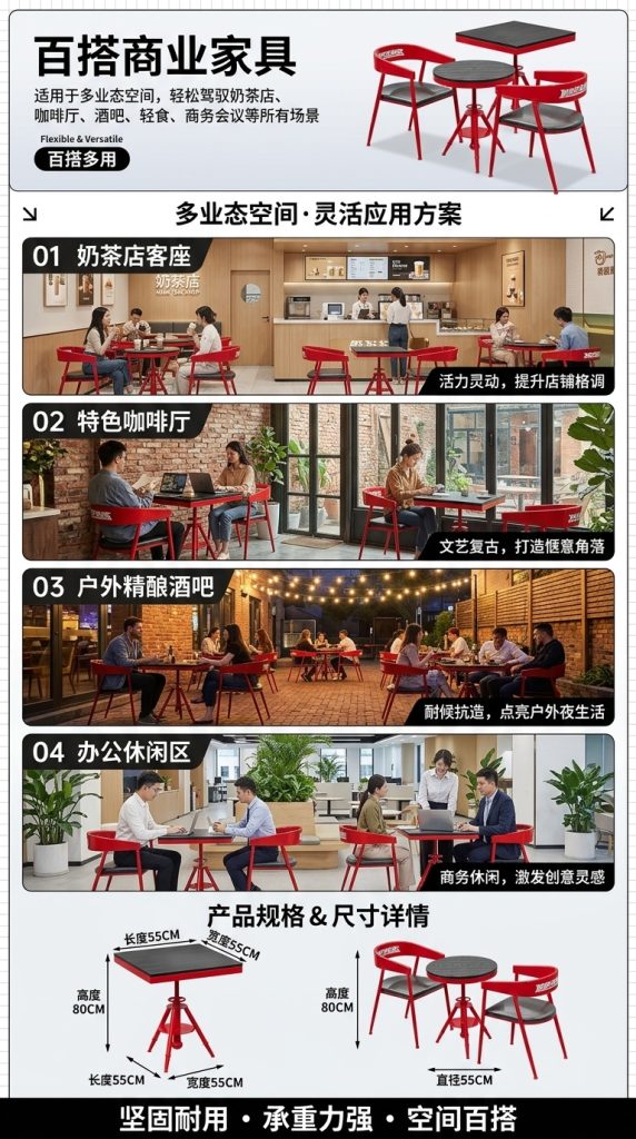 工业风桌椅组合酒吧餐台椅奶茶店咖啡厅休息区洽谈桌网红餐饮家具 - 产品图片