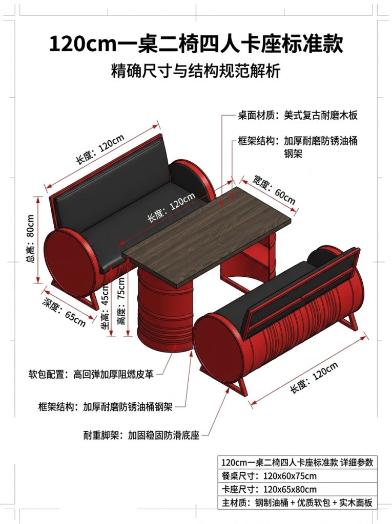 工业风卡座沙发凳酒吧咖啡厅奶茶店清吧定制铁艺创意油桶桌椅组合 - 产品图片