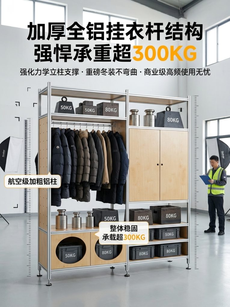 铝型材海洋板木制落地衣帽架服装店轻奢店原木装修服装工作室衣柜 - 产品图片