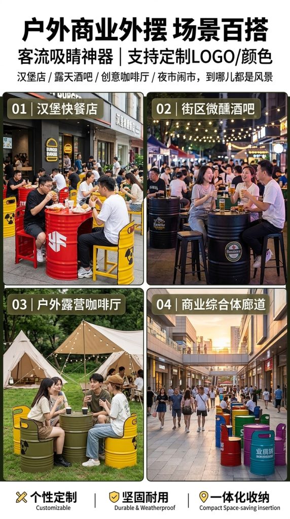 工业风外摆桌椅组合商业街酒吧清吧汉堡店卡座休息区油桶餐桌椅子 - 产品图片
