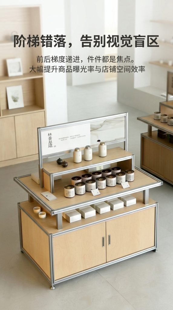木质多层展示架中岛流水台商业陈列架简约现代展柜茶叶店文创展柜 - 产品图片