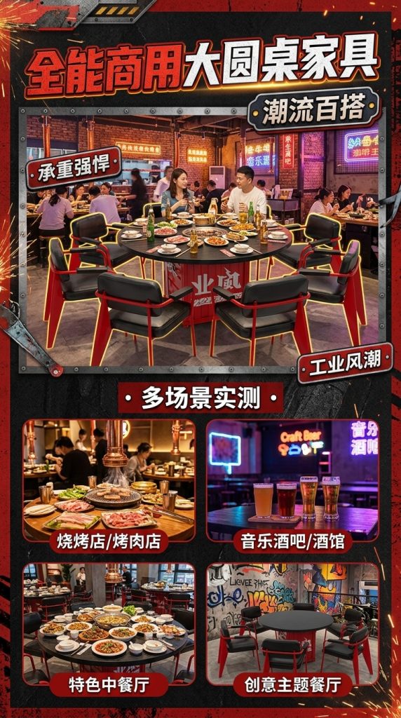 工业风实木餐桌网红烤肉店烧烤店多人包厢个性铁艺圆形餐桌椅组合 - 产品图片