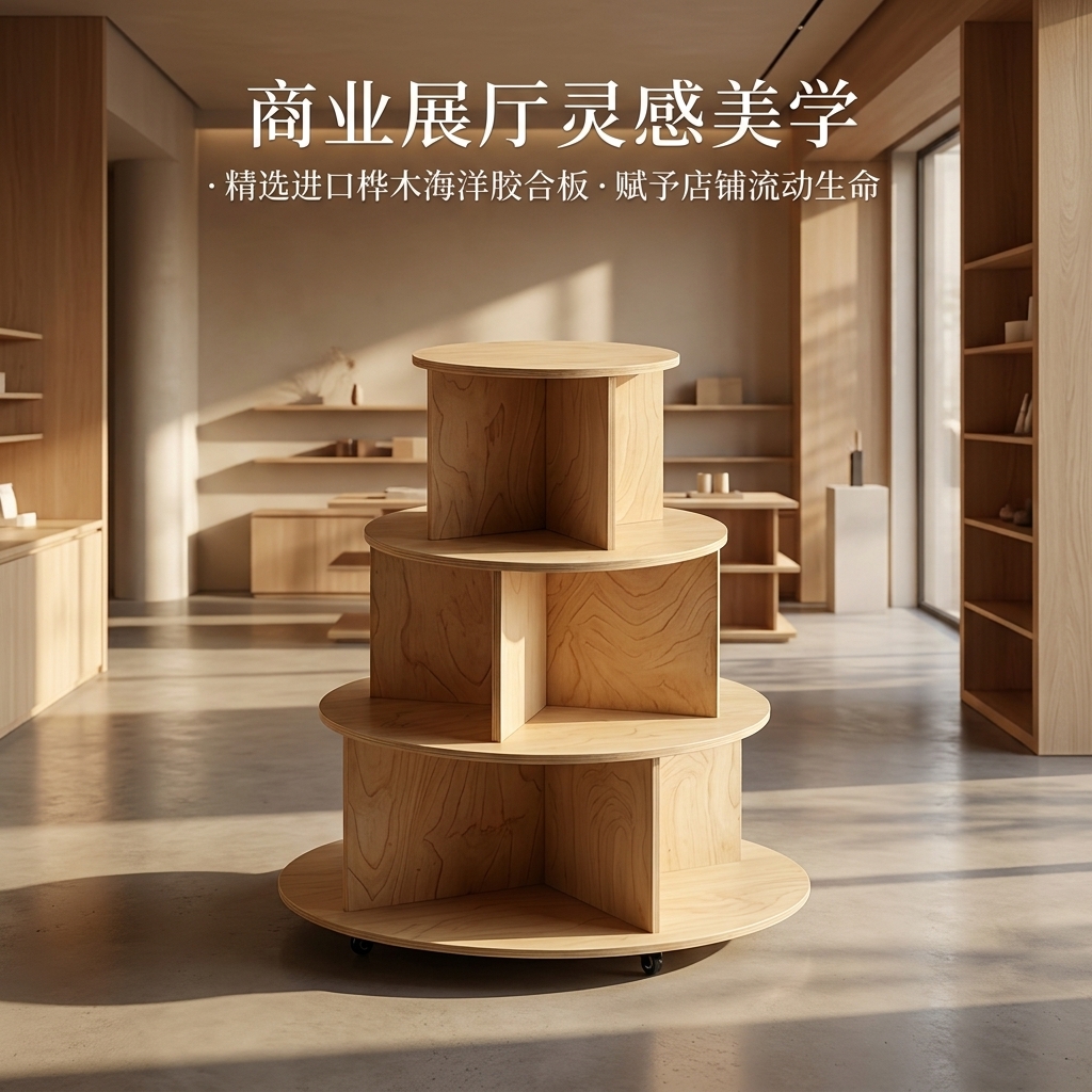 桦木海洋板圆形中岛台多层木质置物架带轮子可移动摆台文创展示台 - 产品图片