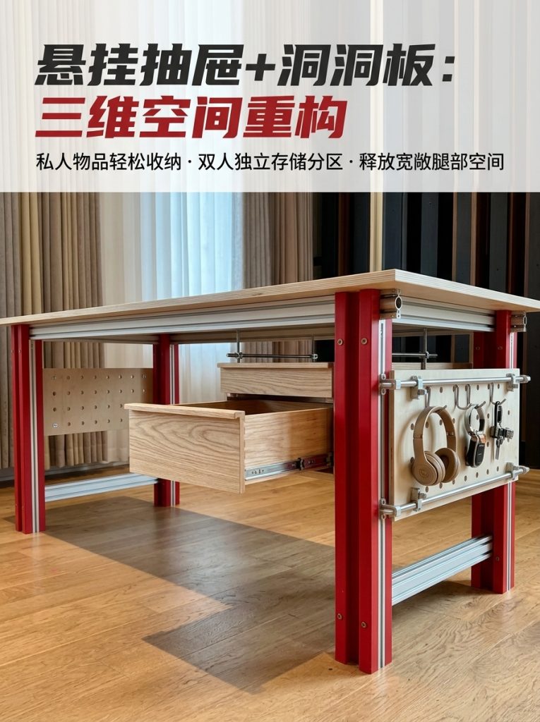 包豪斯风铝合金办公桌2人一体式储物抽屉穿线孔简约电脑桌 - 产品图片