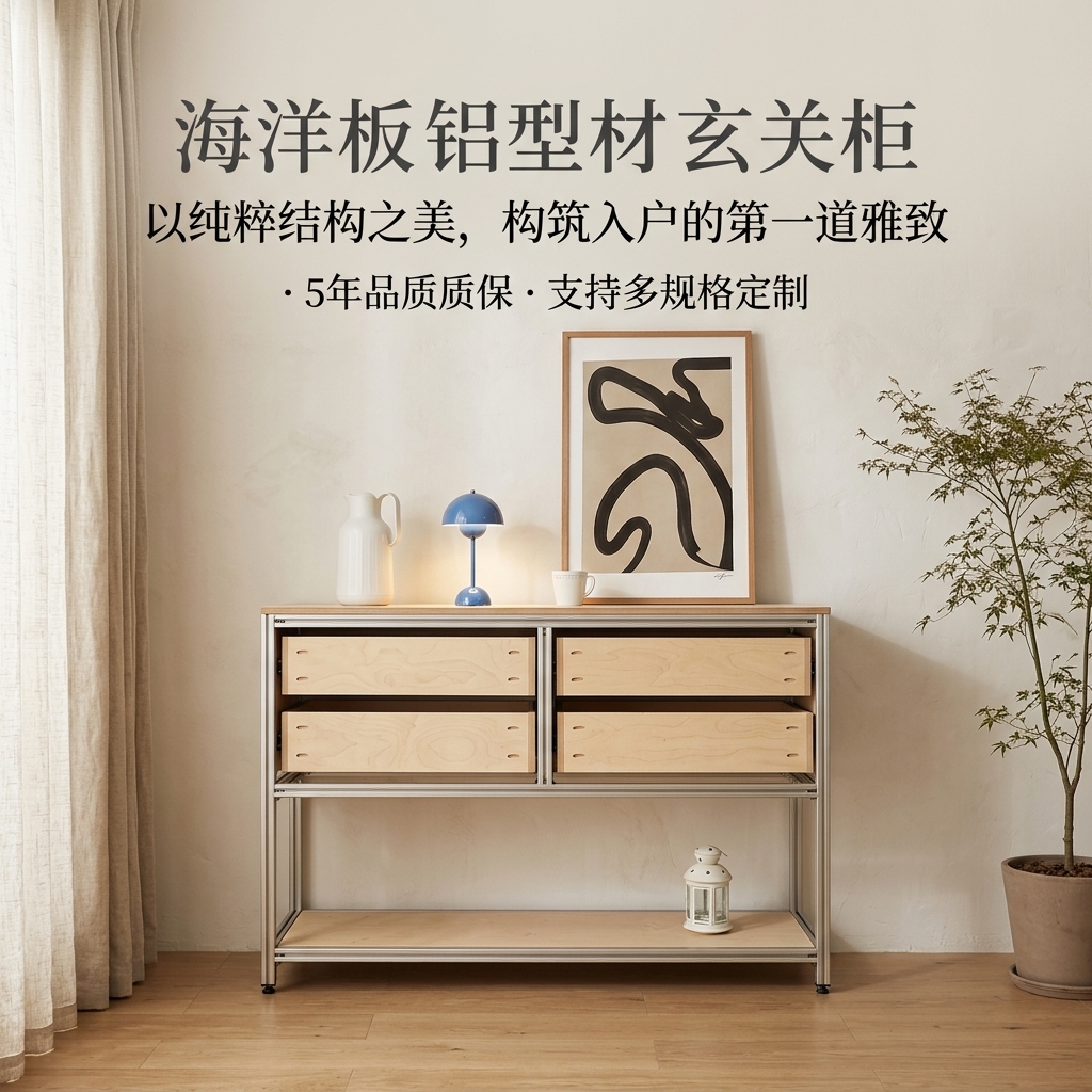 海洋版展示柜进门玄关桌子储物柜铝型材落地靠墙边柜陈列柜定制 - 产品图片