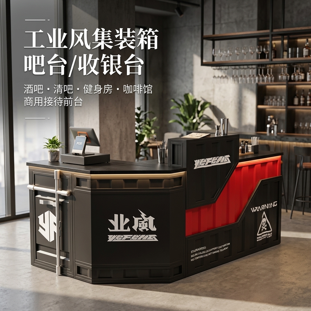 工业风吧台收银台酒吧清吧小酒馆健身房商用集装箱铁艺前台接待台 - 产品图片