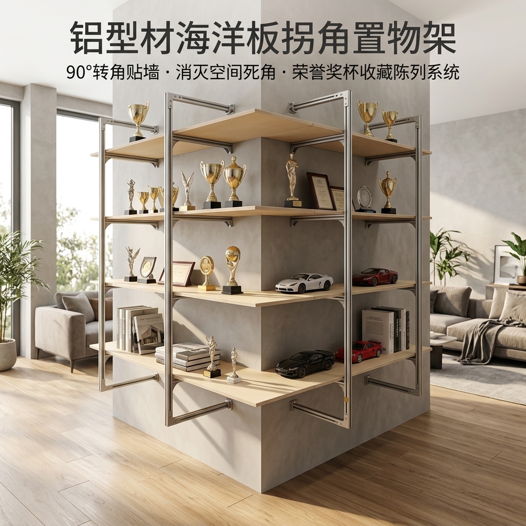 铝型材海洋板多层家用展示架客厅收纳架奖杯陈列架拐角墙上置物架 - 产品图片