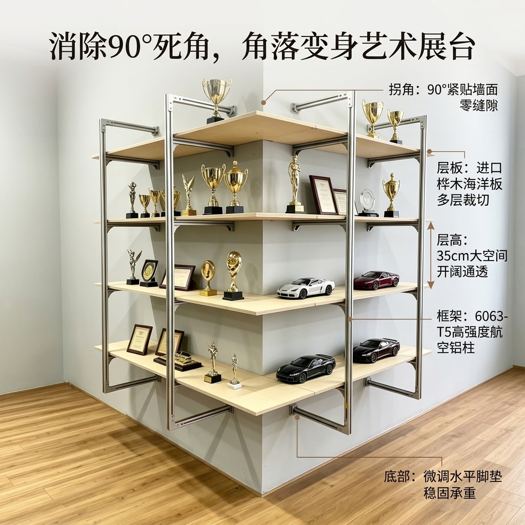 铝型材海洋板多层家用展示架客厅收纳架奖杯陈列架拐角墙上置物架 - 产品图片