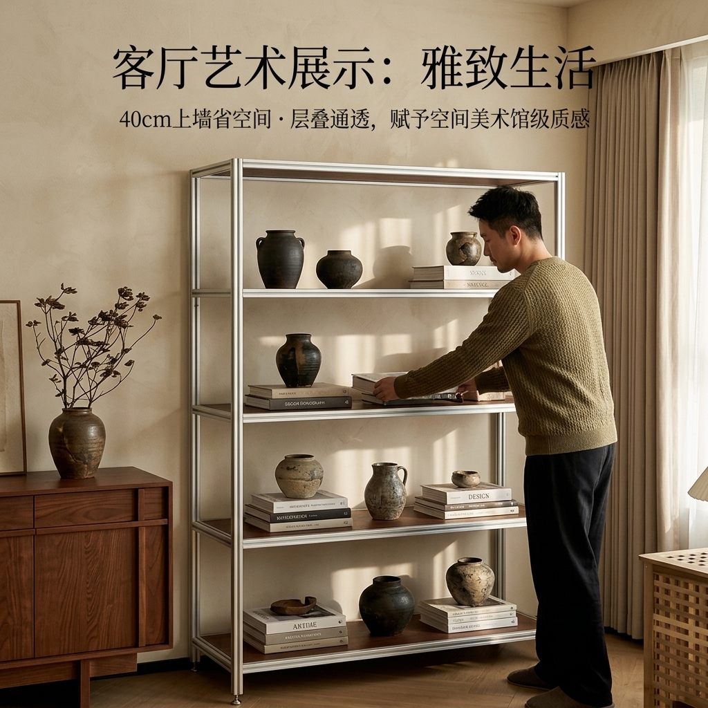 铝型材复古客厅置物架落地靠墙陈列柜多层收纳架轻奢高级感陈列架 - 产品图片
