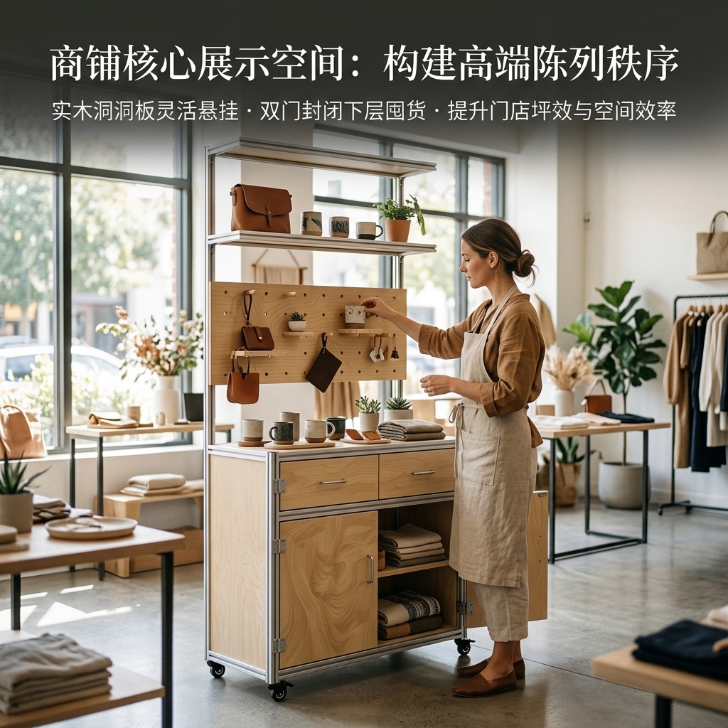 海洋板铝型材展示柜商铺落地式货柜收纳柜洞洞板一体置物架定制 - 产品图片