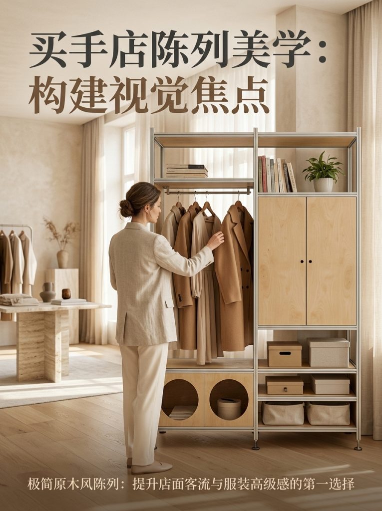 铝型材海洋板木制落地衣帽架服装店轻奢店原木装修服装工作室衣柜 - 产品图片