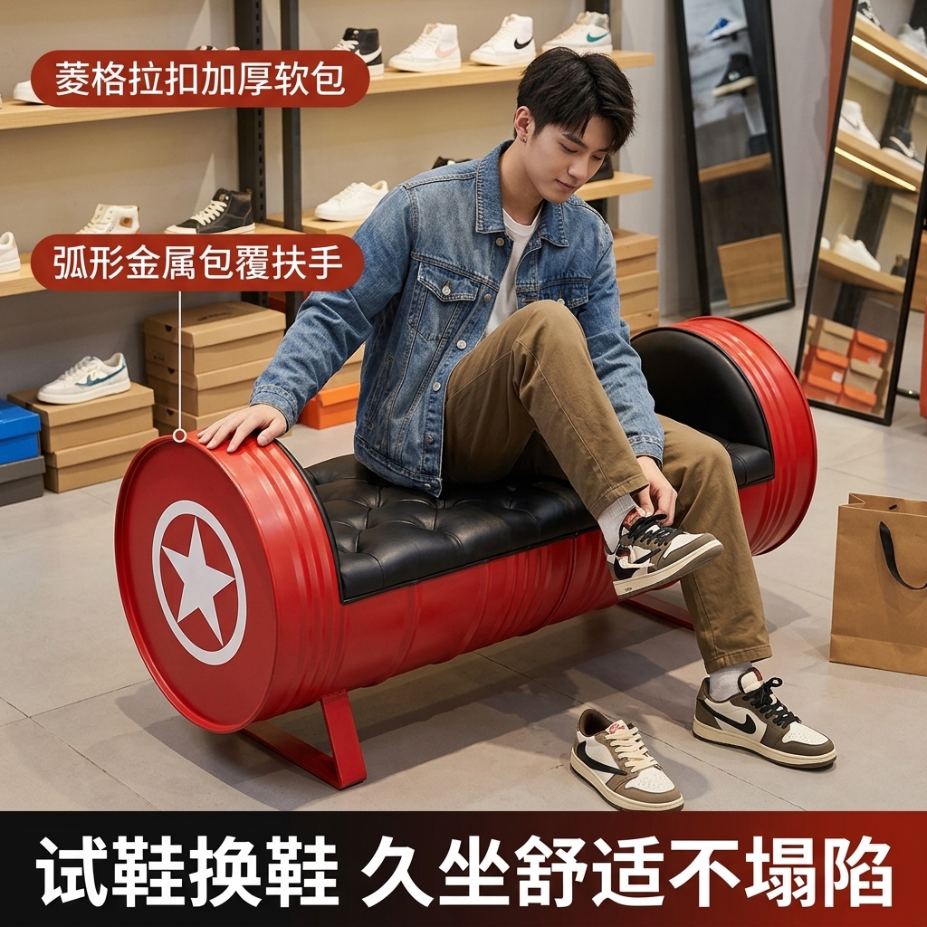 工业风长凳卡座复古美式酒吧ktv沙发油桶服装店试鞋凳创意长条椅 - 产品图片