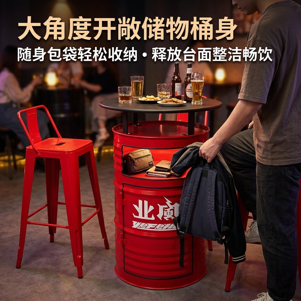 工业风油桶酒吧散台卡座桌椅创意户外休息区商用铁艺高脚桌椅组合 - 产品图片