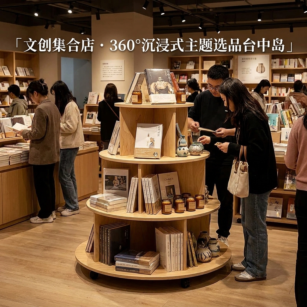 桦木海洋板圆形中岛台多层木质置物架带轮子可移动摆台文创展示台 - 产品图片