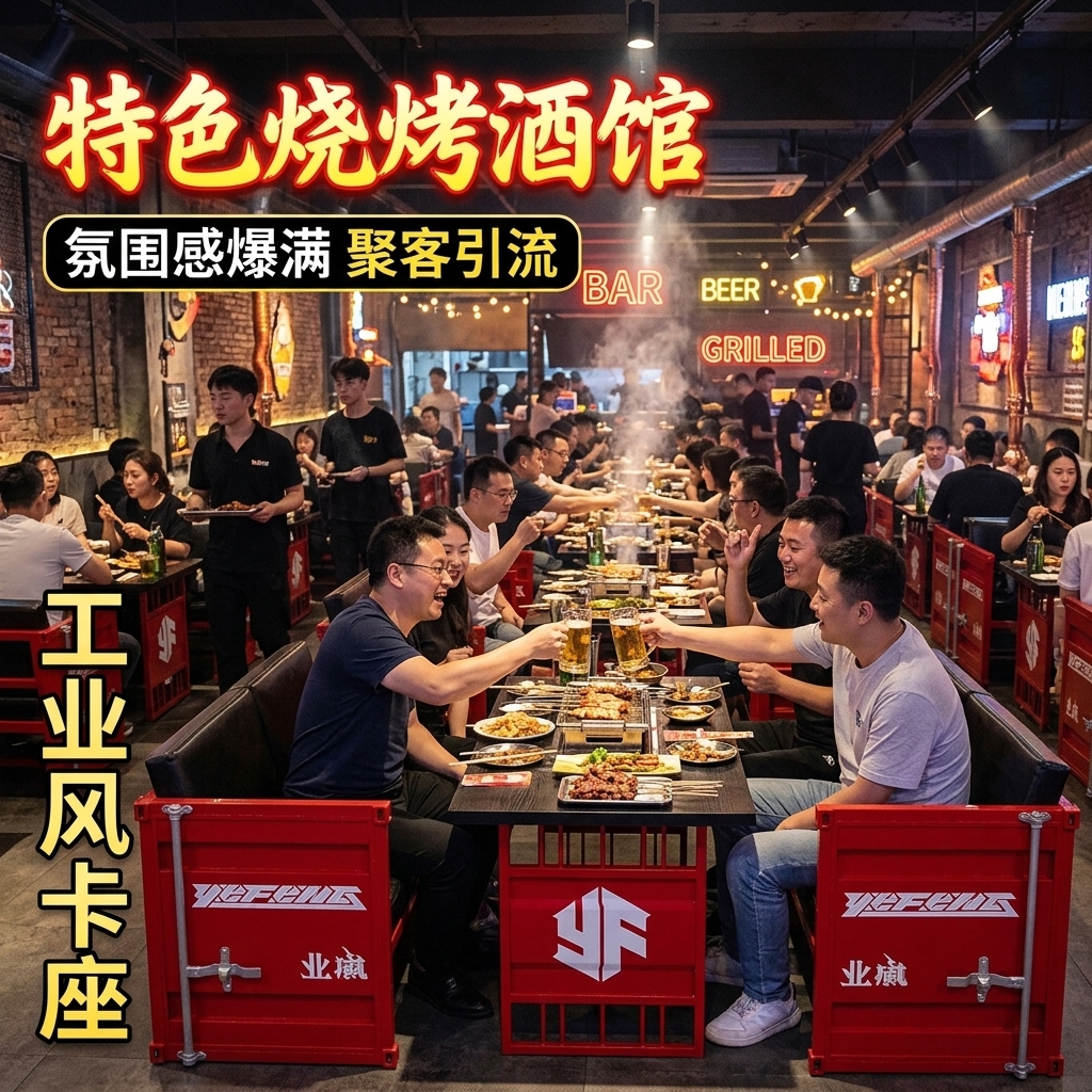 工业风酒吧桌椅组合清吧烧烤店西餐厅咖啡厅商用铁艺餐椅卡座沙发 - 产品图片