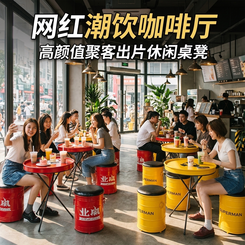 工业风桌椅组合奶茶咖啡店商用创意汽修店铺健身房休息区等候座椅 - 产品图片