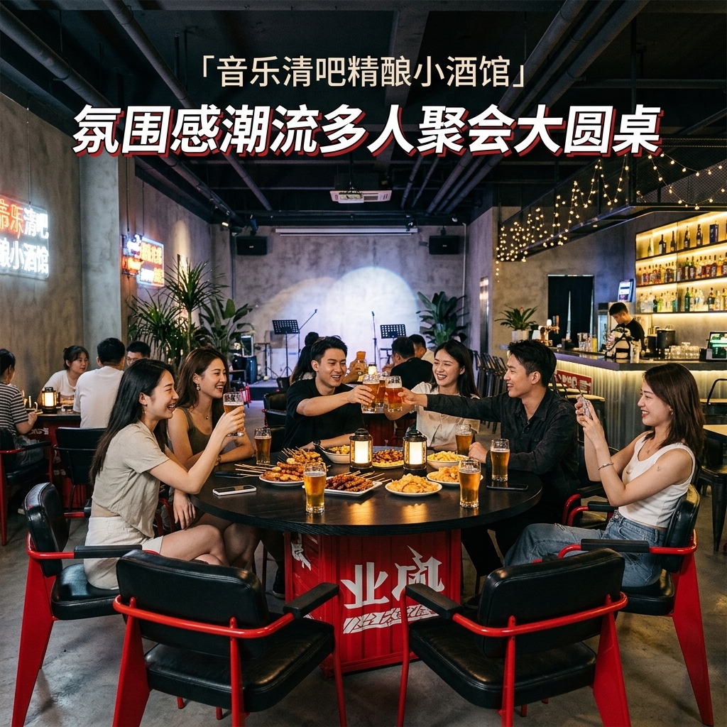 工业风实木餐桌网红烤肉店烧烤店多人包厢个性铁艺圆形餐桌椅组合 - 产品图片