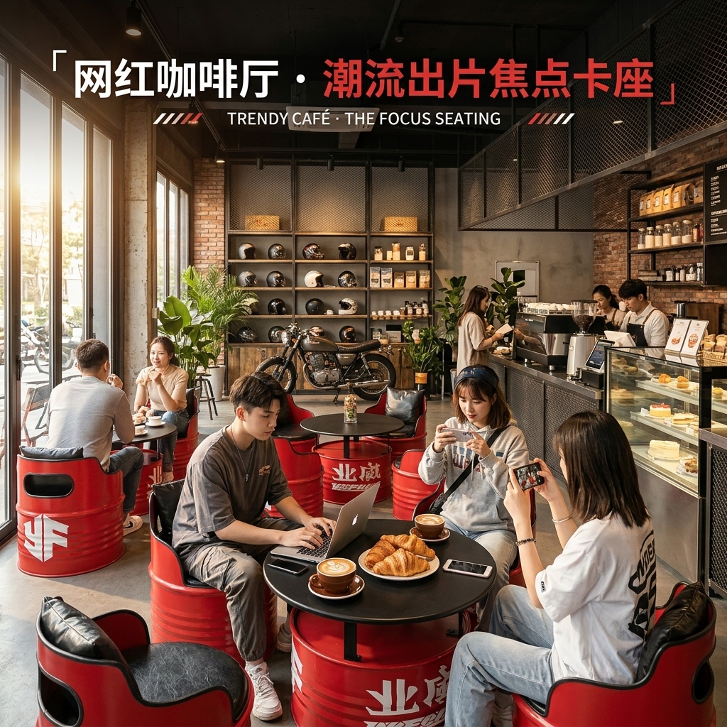 工业风酒吧桌椅组合网红个性创意铁艺油桶定制咖啡厅清吧卡座沙发 - 产品图片