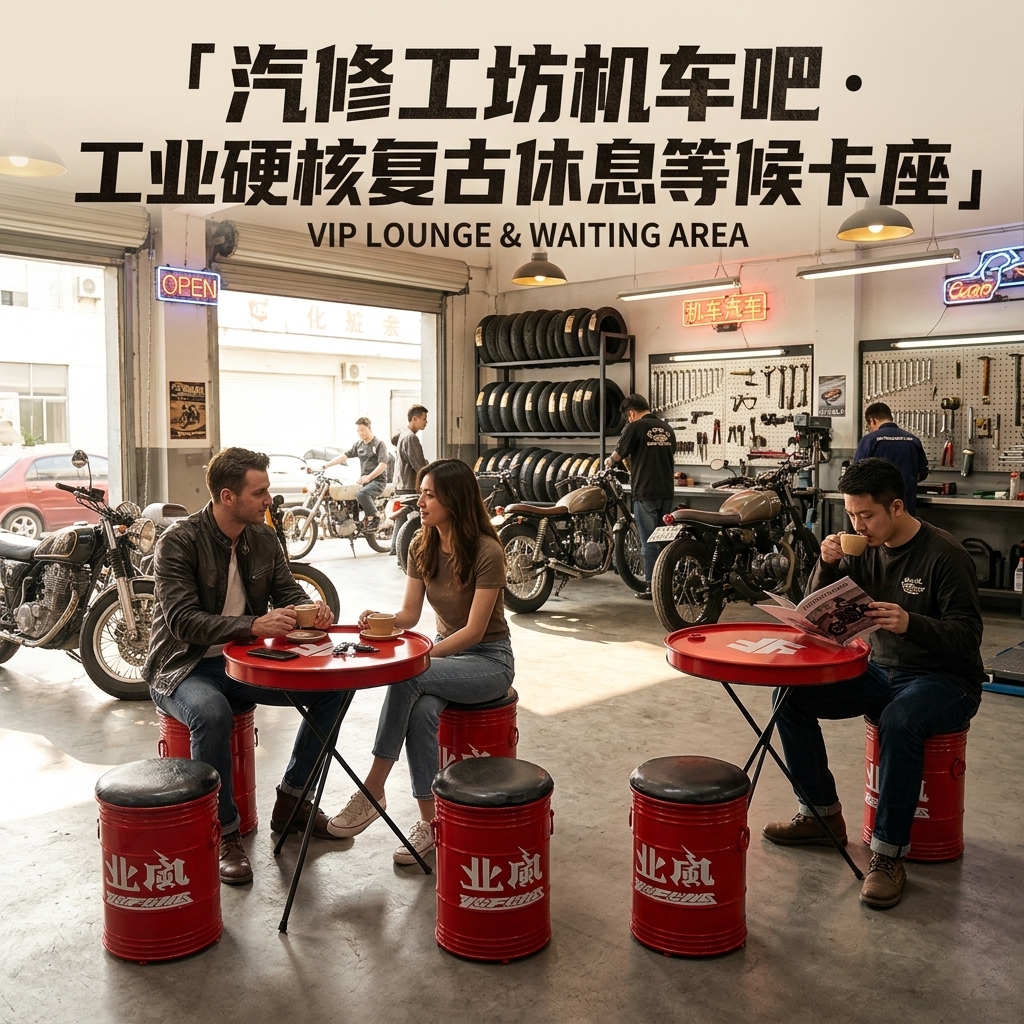 工业风桌椅组合奶茶咖啡店商用创意汽修店铺健身房休息区等候座椅 - 产品图片