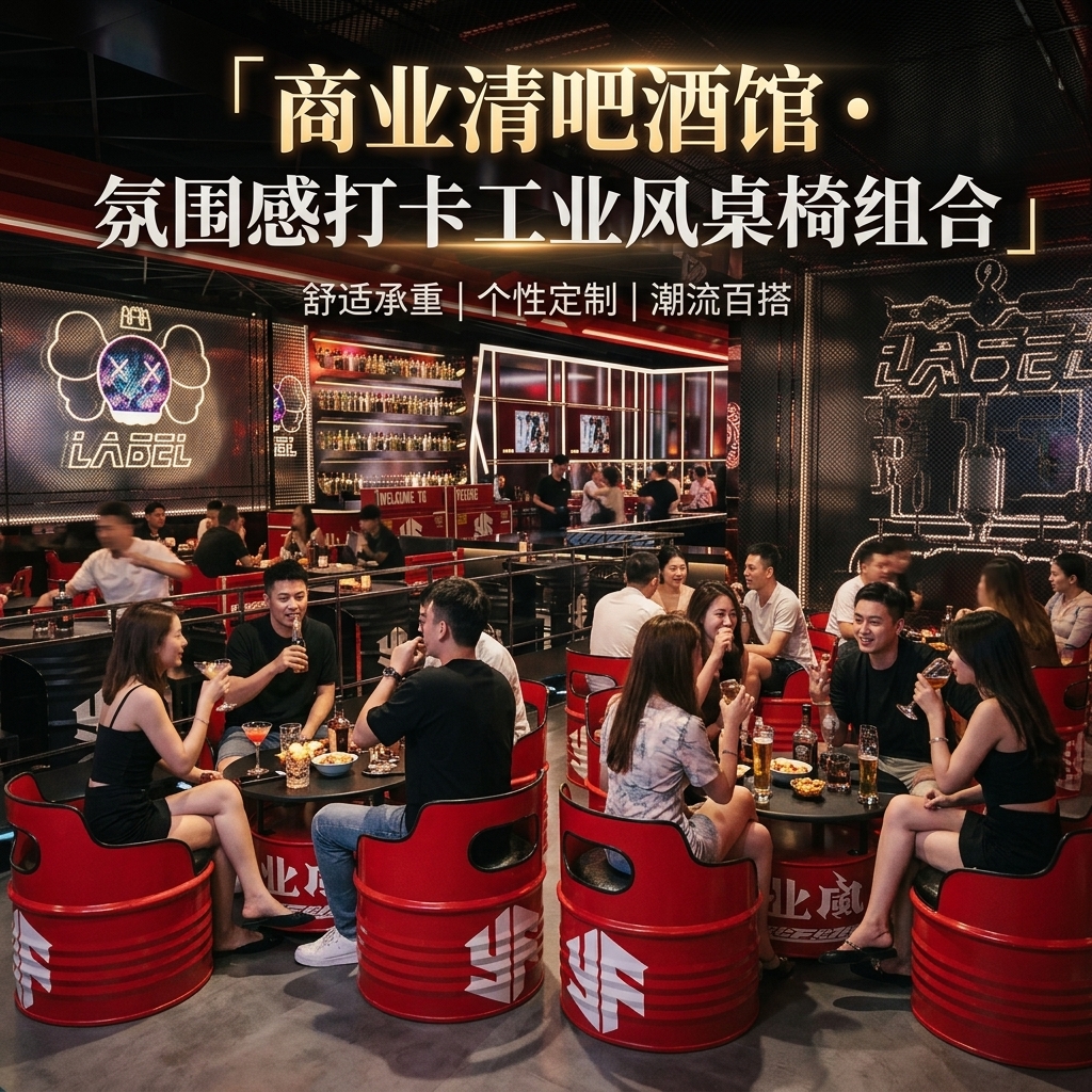 工业风酒吧桌椅组合网红个性创意铁艺油桶定制咖啡厅清吧卡座沙发 - 产品图片